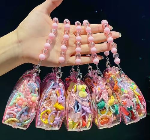 Mini Hair Accessory Purse – Cute Beaded Bag Filled With Colorful Hair Ties & Clips